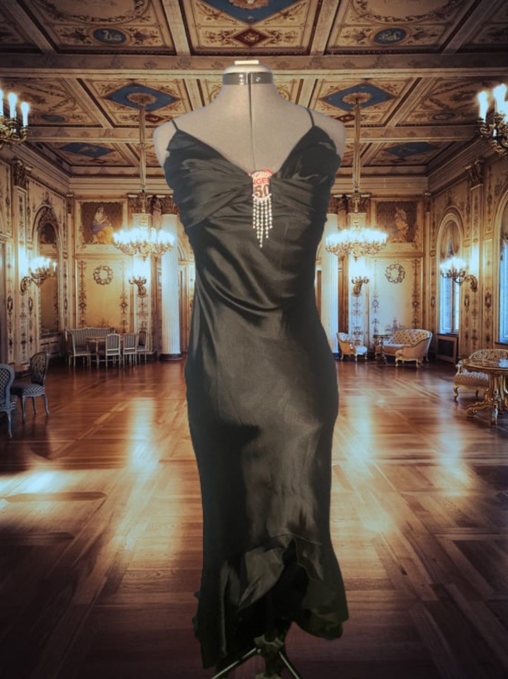 Black Satin Cowl Neck Prom Dress with Beaded Accent